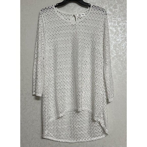 Nicole Marie Ivory Lace High‎ Low Hem Long Sleeve Tunic Swim Cover Mini Dress L - Picture 1 of 6